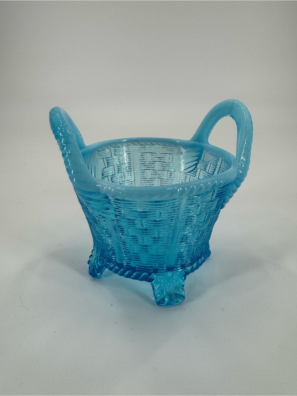 Antique Northwood Bushel Basket Blue Opalescent Carnival Glass Handled Basket
